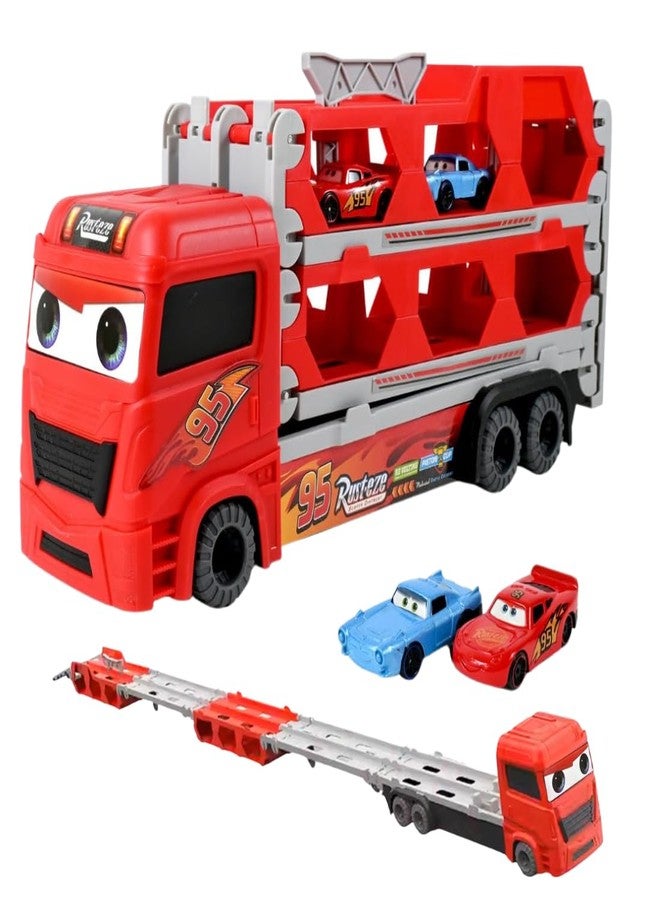 VikriDA Big Hauler Storage & Transform Transport Truck Toy | 2 Foldable Ejection Race Tracks with 2 Die-Cast Cars - Red - Image 1